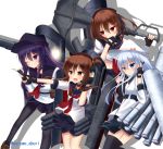  4girls akatsuki_(kantai_collection) anchor artist_name blue_eyes blue_hair blush brown_eyes brown_hair fingerless_gloves flat_cap gloves hair_ornament hairclip hammer_and_sickle hat hibiki_(kantai_collection) ikazuchi_(kantai_collection) inazuma_(kantai_collection) kantai_collection machinery multiple_girls neckerchief open_mouth pantyhose purple_hair remodel_(kantai_collection) school_uniform serafuku silver_hair spotlight star surume_aburi turret verniy_(kantai_collection) violet_eyes weapon 