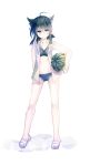  1girl ahoge alternate_costume black_hair blush cis_(carcharias) collarbone expressionless food fruit hair_flaps hatsuzuki_(kantai_collection) highres holding kantai_collection looking_to_the_side navel short_hair simple_background sketch slippers solo swimsuit swimsuit_under_clothes thighs watermelon white_background 