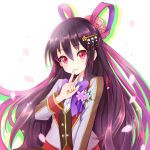  1girl black_hair c: commentary_request finger_to_mouth hair_ornament hair_ribbon hilo_(joy_hero) index_finger_raised kasumi_(shironeko_project) long_hair looking_at_viewer petals red_eyes ribbon shironeko_project smile solo 