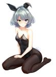  1girl animal_ears arm_at_side bare_arms bare_shoulders black_legwear black_leotard blue_eyes breasts bunny_girl bunny_tail bunnysuit cleavage closed_mouth collarbone fake_animal_ears fake_tail full_body green_eyes green_hair hairband hand_on_thigh heterochromia highres idolmaster idolmaster_cinderella_girls infinote leotard looking_at_viewer medium_breasts mole mole_under_eye no_shoes pantyhose rabbit_ears revision short_hair simple_background sitting smile solo strapless strapless_leotard tail takagaki_kaede thighband_pantyhose wariza white_background 