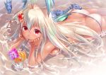  1girl arm_support ass bare_shoulders bikini blush breasts butt_crack cup dark_skin dragon drinking_glass drinking_straw flower granblue_fantasy hair_flower hair_ornament long_hair looking_at_viewer lying misao_(kami_no_misoshiru) on_stomach red_eyes solo swimsuit the_order_grande white_hair 