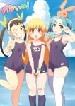  3girls bandaid blonde_hair blue_eyes blue_hair blue_swimsuit blush_stickers breasts chestnut_mouth commentary_request eyebrows flat_chest gesugesu_ahoaho girl_sandwich grin hachikuji_mayoi hairband heart heart_hands kneehighs long_hair monogatari_(series) multiple_girls name_tag navy_blue_legwear old_school_swimsuit one-piece_swimsuit onimonogatari ononoki_yotsugi open_mouth oshino_shinobu red_eyes ribbon sandwiched school_swimsuit small_breasts smile standing standing_on_one_leg swimsuit thick_eyebrows thigh-highs tongue tongue_out twintails v v_over_eye white_legwear yellow_eyes 