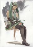  1girl hatsune_miku highres misawa_hiroshi sitting solo thigh-highs traditional_media vocaloid watercolor_(medium) 