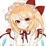  &gt;:( 1girl :t anger_vein blonde_hair blush bow flandre_scarlet frown gotoh510 hair_between_eyes hat hat_bow looking_at_viewer mob_cap neck_ribbon pout red_bow red_eyes red_ribbon ribbon ribbon_trim side_ponytail simple_background sleeveless solo tearing_up touhou upper_body white_background white_hat wings 