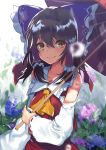  1girl ascot asuzemu bangs bare_shoulders black_hair blurry bow brown_eyes commentary_request depth_of_field detached_sleeves eyebrows_visible_through_hair flower hair_between_eyes hair_bow hair_tubes hakurei_reimu highres holding holding_umbrella japanese_clothes large_bow long_hair looking_at_viewer miko neckerchief outdoors rain red_bow red_skirt ribbon ribbon-trimmed_sleeves ribbon_trim skirt skirt_set smile solo standing touhou umbrella wide_sleeves yellow_neckerchief 