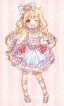  1girl ;d ankle_lace-up blonde_hair bow brown_eyes cross-laced_footwear dress frills full_body futaba_anzu hair_bow idolmaster idolmaster_cinderella_girls idolmaster_cinderella_girls_starlight_stage long_hair low_twintails no_socks one_eye_closed open_mouth polka_dot polka_dot_bow restaint smile solo twintails 