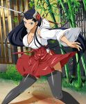  1girl bamboo black_hair black_legwear blue_eyes bow breasts cleavage collarbone flower hair_bow hair_flower hair_ornament hakama_skirt holding holding_sword holding_weapon horns ikkitousen kakouen_myousai large_breasts long_hair looking_at_viewer outdoors red_flower solo sword thigh-highs weapon 