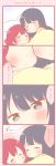  2girls 4koma ^_^ bangs black_hair blue_eyes blush cheek-to-cheek close-up closed_eyes comic hair_down kurosawa_dia kurosawa_ruby long_hair love_live! love_live!_sunshine!! mole mole_under_mouth multiple_girls redhead saku_usako_(rabbit) shared_blanket siblings sisters sleeping translated waking_up 