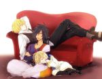  3boys ahoge artist_name black_hair blonde_hair boots child closed_eyes couch eizen_(tales) hair_over_one_eye laphicet_(tales) long_hair low_ponytail multiple_boys nagonmaou open_mouth rokurou_rangetsu sitting sleeping tales_of_(series) tales_of_berseria 