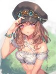  1girl 2016 black_hat blush bracelet breasts brown_hair cleavage criss-cross_halter dated facial_mark final_fantasy final_fantasy_xiv halter_top halterneck hand_on_headwear hat highres jewelry long_hair medium_breasts miqo&#039;te momoko_(momopoco) number parted_lips pink_eyes signature slit_pupils solo twitter_username 