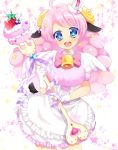  1girl :d animal_ears apron bell blue_eyes bow cake dress food fork fruit gloves hat heart heart-shaped_pupils horns mini_hat mini_top_hat moa_(show_by_rock!!) neon_ui open_mouth pink_hair ribbon sheep_ears sheep_horns sheep_tail show_by_rock!! smile solo sparkle star strawberry symbol-shaped_pupils tail top_hat white_gloves wings 