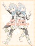  1boy 1girl :d ;d bandana barefoot barefoot_sandals blue_hair blush character_name dated fire_emblem fire_emblem_if flower gloves hair_bun happy_birthday kanna_(fire_emblem_if) one_eye_closed open_mouth pointy_ears rose smile teeth tico toeless_socks yellow_eyes 
