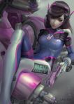  1girl acronym arm_cannon artist_name bangs bodysuit boots bracer breasts breasts_apart brown_eyes brown_hair bunny_print cashile character_name closed_mouth clothes_writing covered_navel crossed_legs d.va_(overwatch) eyelashes facepaint facial_mark gatling_gun gloves gun handgun headphones holding holding_gun holding_weapon lips long_hair long_sleeves looking_at_viewer mecha medium_breasts meka_(overwatch) overwatch pauldrons pilot_suit pink_lips ribbed_bodysuit shoulder_pads sitting skin_tight solo thigh-highs thigh_boots thigh_strap trigger_discipline turtleneck watermark weapon web_address whisker_markings white_boots white_gloves 