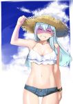  1girl ^_^ alternate_costume aqua_hair arm_up bare_shoulders blue_sky breasts buttons cleavage closed_eyes clouds cloudy_sky collarbone denim denim_shorts hair_ornament hairclip hat kantai_collection long_hair medium_breasts midriff mr.lostman navel short_shorts shorts sky smile solo straw_hat suzuya_(kantai_collection) tank_top teeth 
