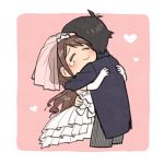  1boy 1girl black_hair blush bridal_veil brown_hair chibi closed_eyes dress hetero hug idolmaster idolmaster_cinderella_girls long_hair nanonin producer_(idolmaster_cinderella_girls_anime) shimamura_uzuki short_hair veil wedding_dress 