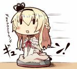  1girl 221_(tsutsuichi) :d bare_shoulders between_legs blonde_hair blush_stickers braid chibi commentary crown dress french_braid hair_between_eyes hairband hand_between_legs jewelry kantai_collection long_hair long_sleeves mini_crown necklace off_shoulder open_mouth red_ribbon ribbon riding roomba sitting smile solo translated v_arms vacuum_cleaner wariza warspite_(kantai_collection) white_legwear ||_|| 