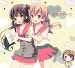  3girls :d :o back_cover bangs black_hair blush book bow bowtie braid brown_hair commentary_request copyright_name flower french_braid hair_bobbles hair_flower hair_ornament hairband heart hinako_note holding holding_book jitome long_hair low-tied_long_hair march-bunny miniskirt multiple_girls musical_note neck_ribbon one_side_up open_mouth pleated_skirt pointing puffy_short_sleeves puffy_sleeves red_bow red_bowtie red_eyes red_skirt ribbon school_uniform scrunchie serafuku short_hair short_sleeves skirt smile swept_bangs yellow_eyes 