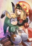  1boy 1girl armor blonde_hair blue_eyes blush cornelius_(odin_sphere) highres hood long_hair nao_(kanamori24) odin_sphere pooka_(odin_sphere) sitting sitting_on_lap sitting_on_person thigh-highs velvet_(odin_sphere) 