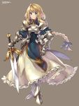  1girl armor armored_dress artist_name blonde_hair bow braid breastplate dress frilled_dress frills full_body gauntlets greaves green_eyes hair_bow hair_ribbon knight kotatsu_(g-rough) long_hair long_sleeves ribbon signature simple_background single_braid smile solo spaulders sword weapon 