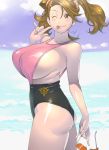  1girl :p ass bare_shoulders breasts brown_eyes brown_hair finger_to_face gundam gundam_build_fighters gundam_build_fighters_try highres huge_breasts kotoyoshi_yumisuke long_hair looking_at_viewer one_eye_closed sazaki_kaoruko sideboob solo sunglasses thighs tongue tongue_out twintails zeon 