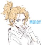  1girl blonde_hair blue_eyes character_name cigarette eyelashes fingernails from_side hair_ornament hair_tie holding holding_cigarette looking_at_viewer mercy_(overwatch) overwatch parted_lips pink_lips ponytail shirt simple_background sketch solo upper_body white_background white_shirt 