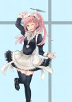  1girl ;d apron dagger felicia_(fire_emblem_if) fire_emblem fire_emblem_if green_eyes long_hair maid maid_apron maid_headdress one_eye_closed open_mouth pink_hair ponytail smile solo thigh-highs weapon 