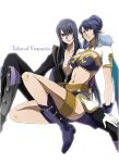  1boy 1girl blue_boots blue_hair boots breasts copyright_name dorina gloves grey_boots judith knee_boots large_breasts legs midriff pointy_ears red_eyes smile tales_of_(series) tales_of_vesperia yuri_lowell 