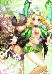  1boy 1girl blonde_hair braid butterfly_wings fairy flower hair_flower hair_ornament hat hat_feather ingway_(odin_sphere) long_hair mercedes nao_(kanamori24) odin_sphere pointy_ears puffy_sleeves red_eyes twin_braids violet_eyes wings 