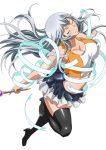  1girl black_legwear blue_ribbon breasts chouun_shiryuu cleavage closed_eyes collarbone holding ikkitousen large_breasts long_hair ribbon silver_hair simple_background skirt solo thigh-highs white_background 