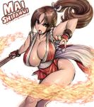  1girl amania_orz blush breasts brown_eyes brown_hair closed_fan collarbone fan fire folding_fan hair_ornament huge_breasts japanese_clothes long_hair ninja open_mouth pelvic_curtain ponytail revealing_clothes shiranui_mai simple_background solo the_king_of_fighters 