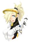  1girl absurdres aino_chuan_daoshi blonde_hair blue_eyes bodysuit breasts emblem hair_over_one_eye high_ponytail highres long_hair looking_at_viewer mechanical_halo medium_breasts mercy_(overwatch) open_mouth overwatch simple_background smile solo upper_body white_background 