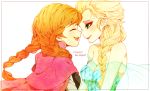  2girls anna_(frozen) bad_id blonde_hair blue_eyes braid closed_eyes couple elsa_(frozen) english forehead-to-forehead frozen_(disney) happy incest komomo1214 multiple_girls orange_hair siblings single_braid sisters smile tears twin_braids upper_body yuri 