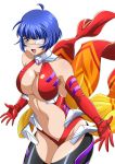  1girl blue_hair breasts cleavage cosplay elbow_gloves eyepatch gloves green_eyes ikkitousen large_breasts mole mole_under_mouth navel open_mouth red_gloves ryomou_shimei short_hair simple_background solo white_background yuzuriha_inori_(cosplay) 
