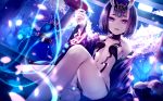  1girl breasts fate/grand_order fate_(series) horns japanese_clothes looking_at_viewer md5_mismatch oni oni_horns open_clothes petals purple_hair sakazuki short_hair shuten_douji_(fate/grand_order) small_breasts solo violet_eyes yan_(nicknikg) 