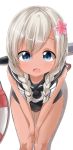  1girl :d alternate_hairstyle blue_eyes braid commentary_request eyebrows eyebrows_visible_through_hair flower hair_flower hair_ornament highres kantai_collection lifebuoy long_hair looking_at_viewer open_mouth pentagon_(railgun_ky1206) platinum_blonde ro-500_(kantai_collection) simple_background smile solo swimsuit swimsuit_under_clothes tan tanline torpedo twin_braids v-arms white_background 