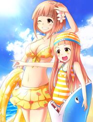  2girls beach bikini blush breasts brown_eyes brown_hair cleavage clouds cloudy_sky ichihara_nina idolmaster idolmaster_cinderella_girls innertube kitami_yuzu long_hair multiple_girls one-piece_swimsuit one_eye_closed open_mouth pointing ram_hachimin shore short_hair sky smile striped striped_swimsuit sun swim_cap swimsuit 