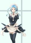  1girl apron black_legwear blank_stare blue_eyes blue_hair crossed_arms dagger dual_wielding fire_emblem fire_emblem_if flora_(fire_emblem_if) highres long_hair looking_at_viewer maid maid_apron maid_headdress solo standing thigh-highs twintails weapon 