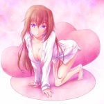  1girl all_fours breasts brown_hair cleavage couch heart highres looking_at_viewer nicca_(kid_nicca) original parted_lips shirt solo violet_eyes 