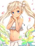  1girl blue_eyes dark_skin flower granblue_fantasy hair_flower hair_ornament hands_clasped highres hilo_(joy_hero) io_euclase long_hair looking_at_viewer navel silver_hair smile solo sparkle swimsuit tankini twintails 