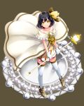  1girl black_hair bow brown_bow brown_eyes brown_shoes collarbone dress earrings frills full_body gloves hair_bow hair_ornament highres holding holding_staff jewelry looking_at_viewer magic_circle magical_girl necklace original sakura_(kimamani) shoes smile solo staff standing thigh-highs white_dress white_gloves white_legwear 