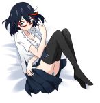  1girl bespectacled black_hair black_legwear blue_eyes blush glasses green_panties kill_la_kill legs_together lying matoi_ryuuko no_bra no_shoes on_back on_bed open_clothes open_skirt panties pantyshot pantyshot_(lying) red-framed_eyewear ricci_escutin school_uniform short_hair skirt solo thigh-highs underwear 