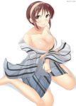  1girl breast_hold breasts brown_eyes brown_hair cleavage hairband japanese_clothes kankitsunabe_(citrus) kantai_collection kimono looking_at_viewer natori_(kantai_collection) short_hair sitting smile solo wariza yukata 