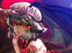  1girl blue_hair fangs finger_licking garakuta glowing glowing_eyes hat licking open_mouth red_eyes remilia_scarlet short_hair solo tongue tongue_out touhou upper_body vampire wings 