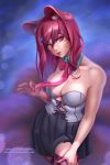  1girl academy_ahri ahri animal_ears breasts cleavage corset detached_collar fox_ears highres league_of_legends looking_at_viewer necktie olga_narhova pink_hair skirt stomach thighhighs whisker_markings whiskers 
