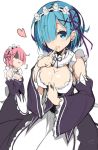  2girls blue_eyes blue_hair blush breast_conscious breasts cleavage detached_sleeves dress eyebrows eyebrows_visible_through_hair finger_to_mouth flat_chest frills hair_ornament hair_over_one_eye head_tilt heart long_sleeves looking_at_viewer maid maid_headdress medium_breasts minari_(minari37) multiple_girls pink_hair ram_(re:zero) re:zero_kara_hajimeru_isekai_seikatsu rem_(re:zero) shaded_face short_hair siblings signature sisters sketch twins white_background x_hair_ornament 