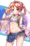  &gt;:3 1girl :3 absurdres ahoge bag hair_bobbles hair_ornament highres innertube kantai_collection looking_at_viewer navel okitsugu pleated_skirt rabbit sandals sazanami_(kantai_collection) shoulder_bag skirt skirt_lift smile solo sparkle swimsuit twintails w 