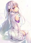  1girl bare_shoulders black_ribbon blush braid closed_mouth commentary_request detached_sleeves dress elf emilia_(re:zero) flower from_behind from_side hair_flower hair_ornament hair_ribbon long_hair looking_at_viewer looking_back low-tied_long_hair pointy_ears re:zero_kara_hajimeru_isekai_seikatsu ribbon short_dress silver_hair sitting smile solo thigh-highs very_long_hair violet_eyes white_dress white_legwear wingheart 