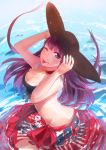  1girl ;p bikini blue_eyes breasts choker cleavage cross fate/grand_order fate_(series) hands_on_headwear hat highres huamuan_huamuan long_hair one_eye_closed partially_submerged purple_hair saint_martha sarong solo swimsuit tongue tongue_out 