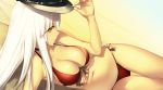  1girl arm_support armpits bare_shoulders bikini blush bow breasts brown_bow cleavage closed_mouth dutch_angle from_side front-tie_bikini front-tie_top hat highres holding holding_hat kawanakajima large_breasts long_hair lying navel on_side profile red_bikini rick_g_earth side-tie_bikini smile stomach swimsuit thigh_gap thighs very_long_hair white_hair yellow yellow_eyes 