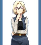  1girl android_18 bespectacled blonde_hair breasts denim dragon_ball dragon_ball_z earrings frown glasses hand_on_own_chin jewelry medium_breasts ricci_escutin short_hair skirt solo vest violet_eyes 